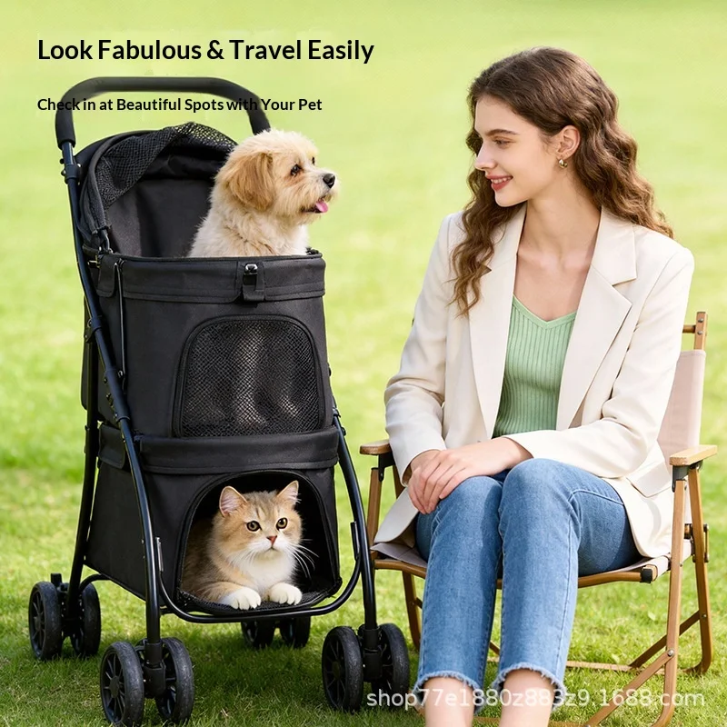 Double-decker Metal Pet Stroller Lightweight Foldable Two-Tier Outdoor Cart for Small/Medium Pets Detachable Dog/Cat