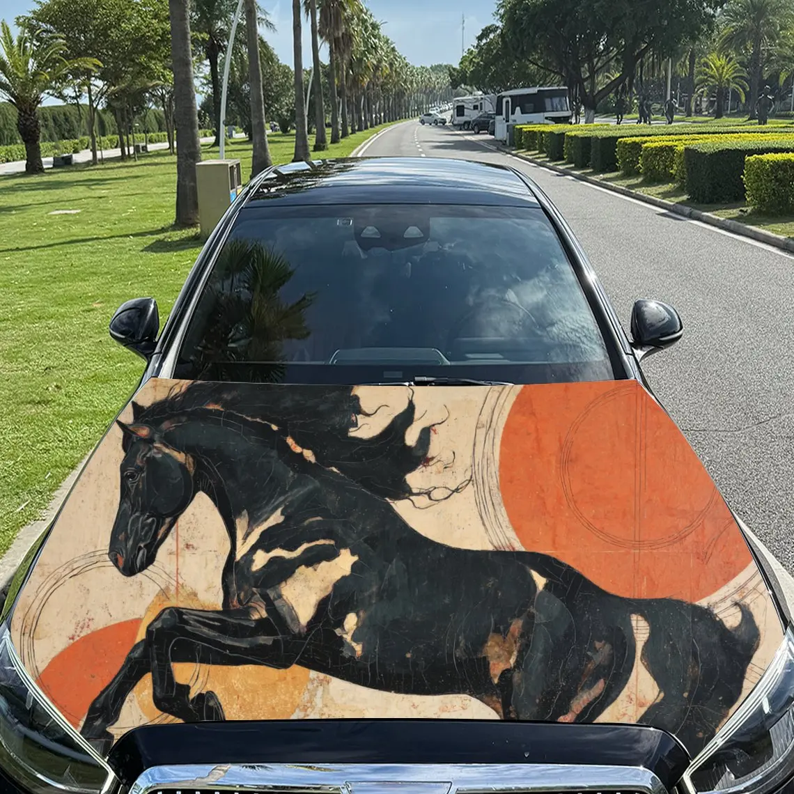 Energetic - Style Galloping Horse PVC Car Engine Hood Vinyl Wraps, Self-Adhesive Waterproof Car Hood Decal Sticker, Car Decorati