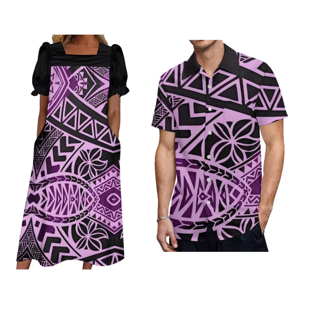 

Polynesian Couple Suit Women'S Dress Men'S Shirt Microsia New Pocket Mumu Casual Loose Dress 2024 New Model