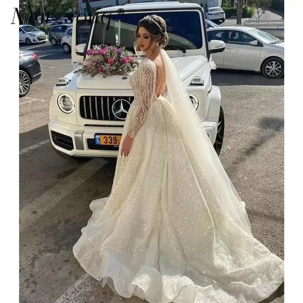 Arabic Sparkling Sequins Long Sleeves Wedding Dresses 2023 Dubai Muslim A Line Sexy Backless Bridal Gowns Shiny Robes De Mariee