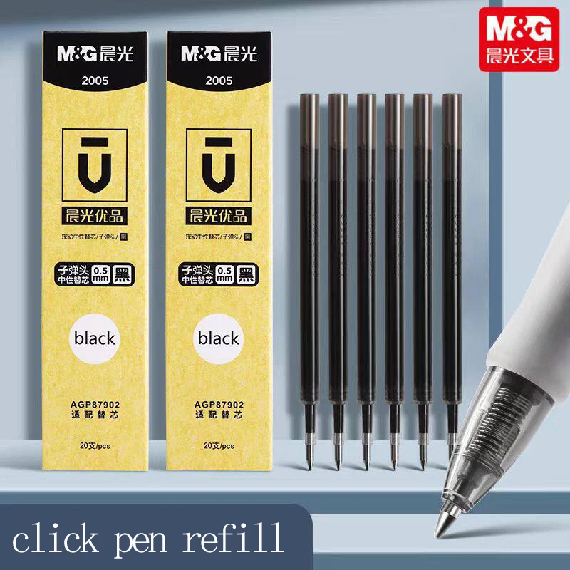 M&G Click Pen Refills, Black 0.5mm, Premium Refills, Smooth Tip, Quick-Drying Ink, Suitable for Students and Business Use