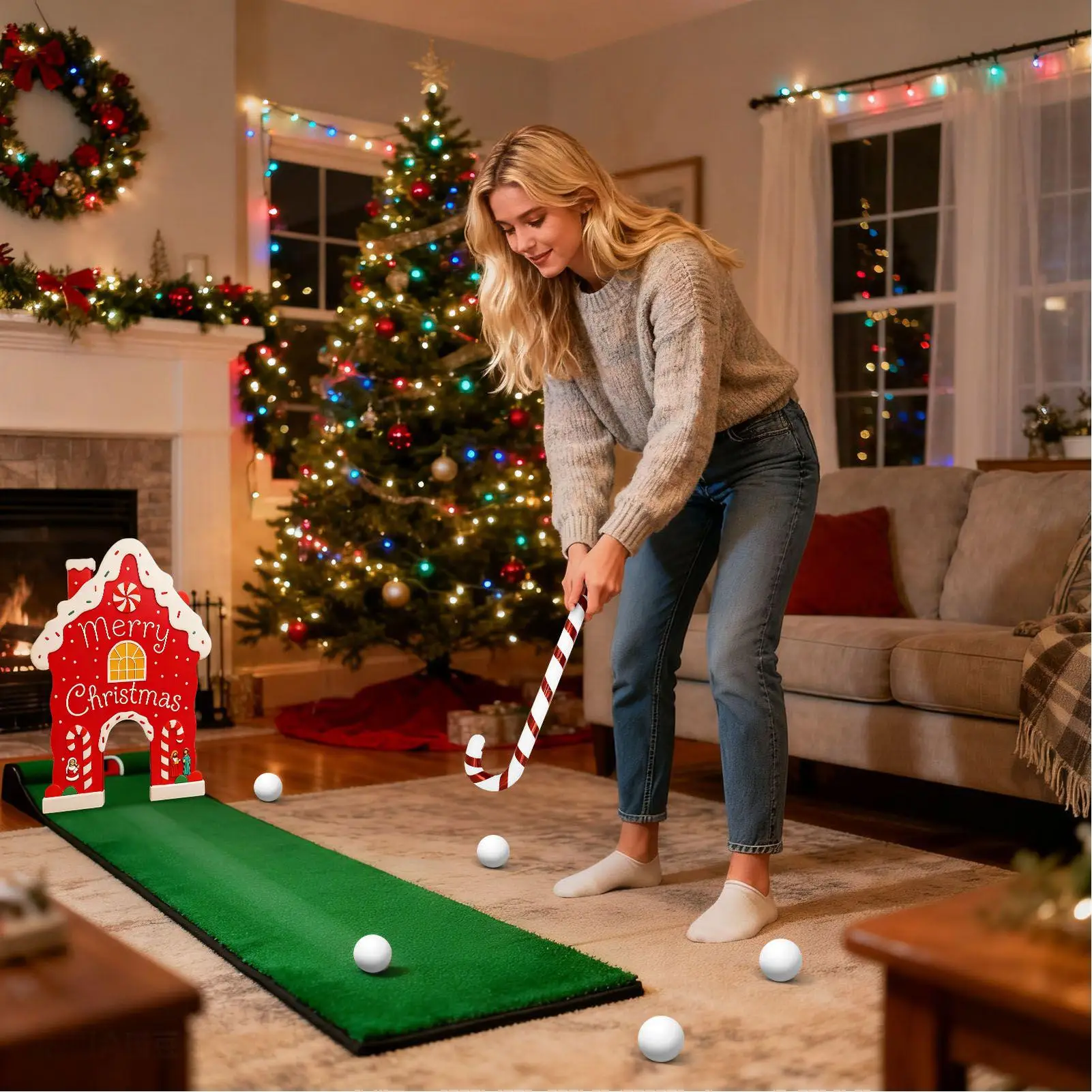 Indoor Golf Game Christmas Portable Reusable Holiday Gingerbread Golf Set Party Games For Teens Adults Family Living Room