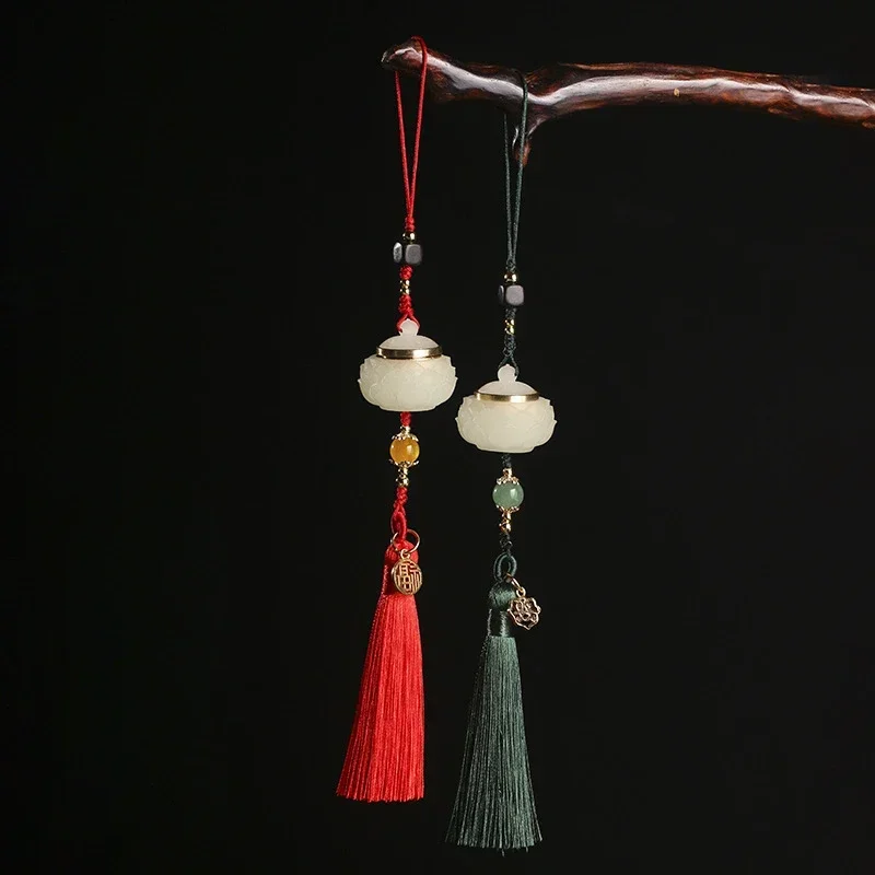 Natural Sandalwood Carved Retro Hollow Sachet Box Luminous Stone Keychain Crystal Jade Bead Tassel Chinese Knot Ethnic Gifts