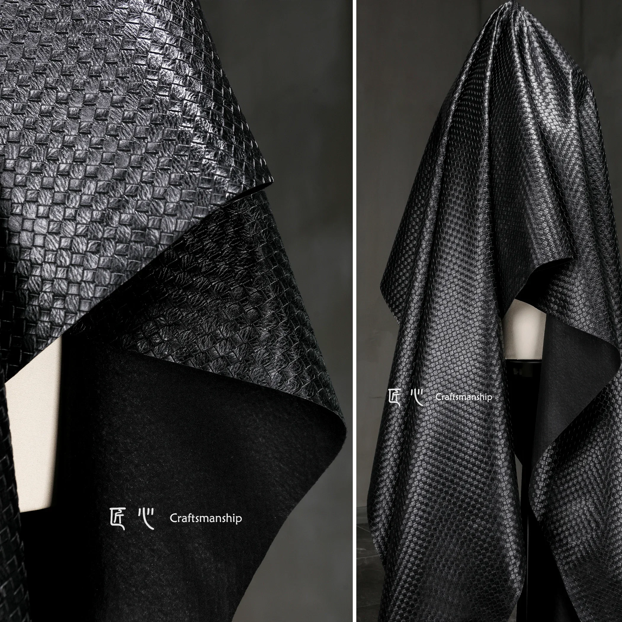 Leather Fabric Black Woven Texture Thick Stiff PU Handmade Bag Coat Creative Fashion Designer DIY Sewting Fabrics YLK