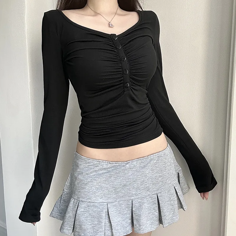 Basic pleated design buckle V-neck spicy girl slim fit elastic base long sleeved T-shirt image 4