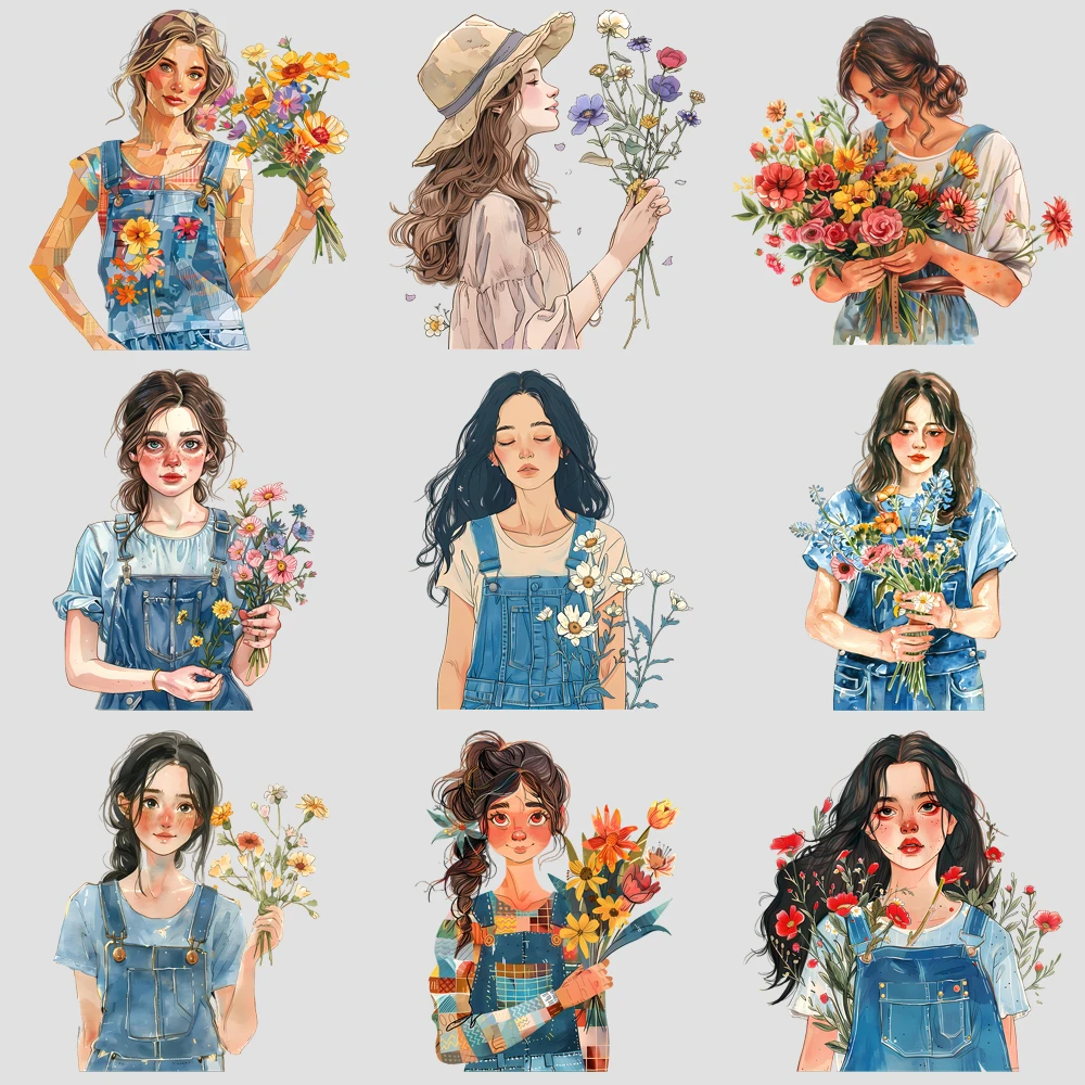 20cm Fashion Flower Bouquet Girl Lady Iron On Heat Transfer Sticker For Clothes Pinted Vinyl Thermal Washable T-Shirt Decal