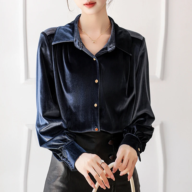 

Осень-зима, женская синяя бархатная блузка, рубашка с длинными рукавами, однобортные однотонные повседневные офисные женские топы