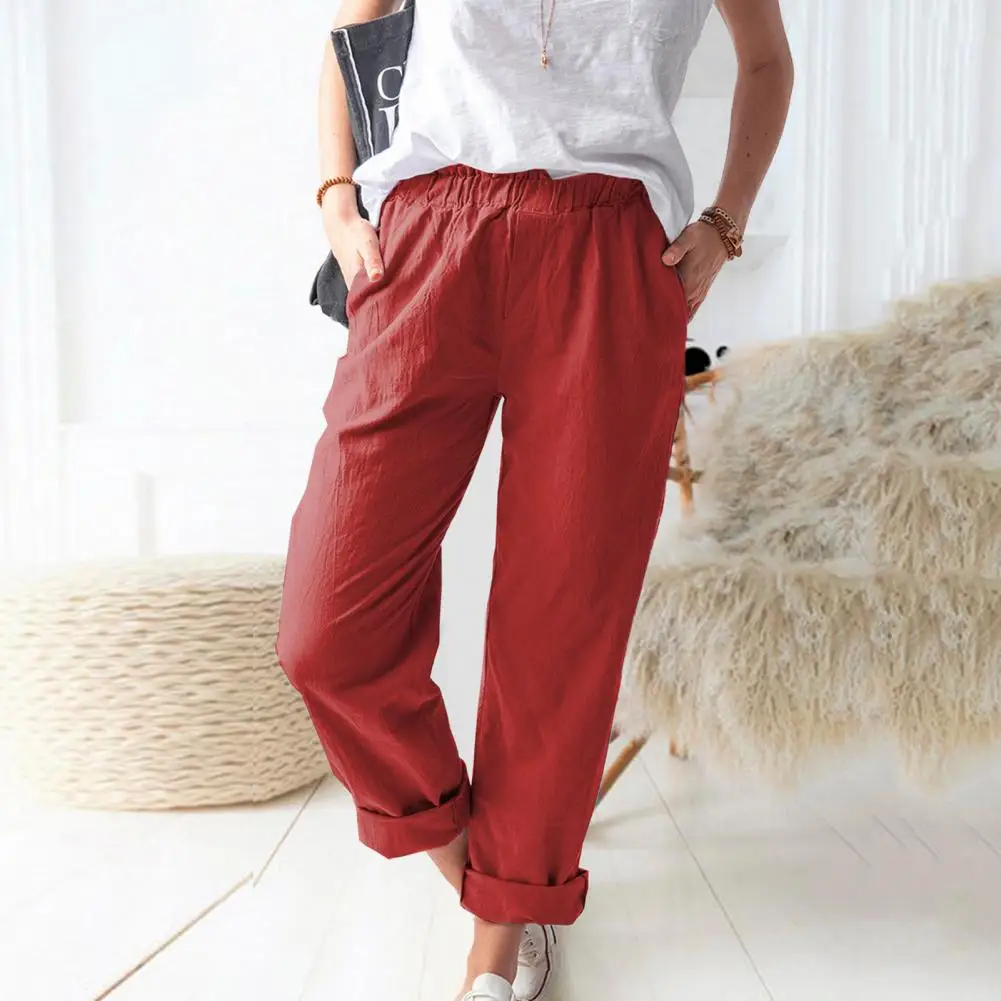 

Casual Straight-leg Trousers Stylish Women's High Waist Pants with Pockets Elastic Straight Leg Trousers in Solid for Everyday