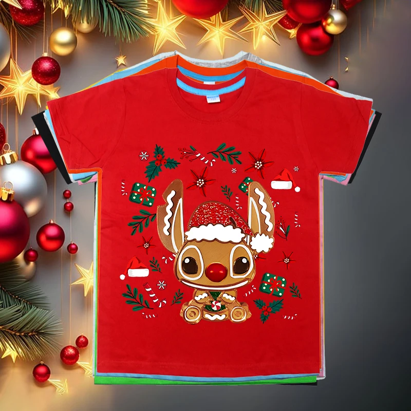 Gingerbread Christmas Stitch kinds T-shirt pure cotton short-sleeved holiday gift for boys and girls