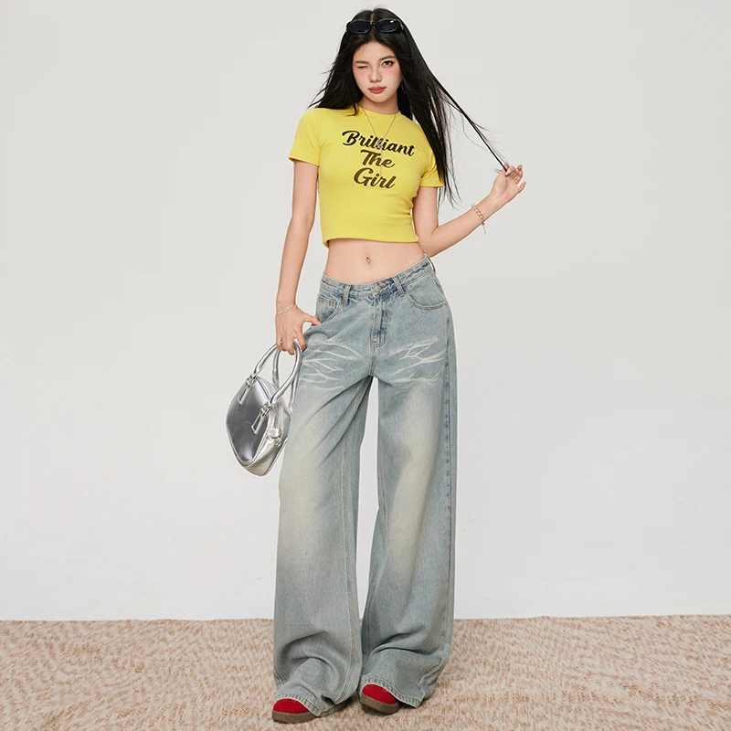 

Loose Slimming American Wide - leg Jeans Light - colored Washed Patterned Cat's Whiskers Floor - length Extended