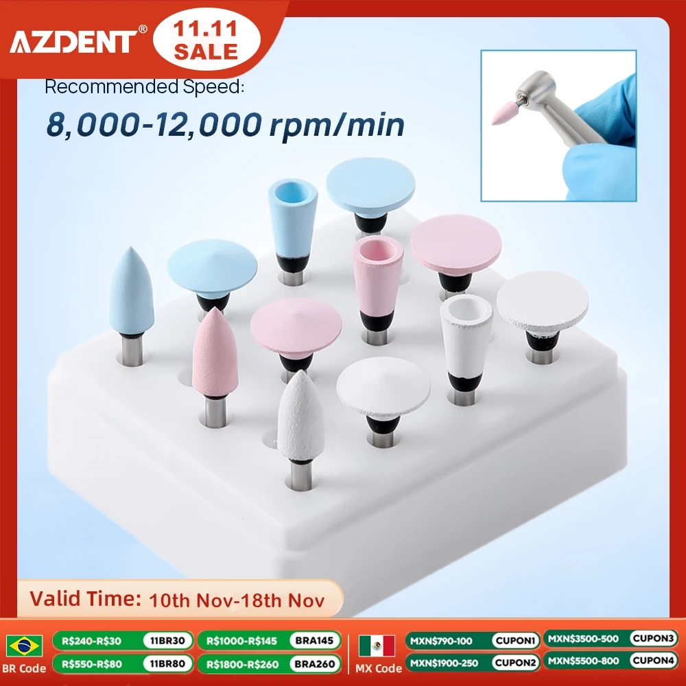 12PCS/Box Dental Silicone Polishing Set for Soft Resin AZDENT Grinding Heads Teeth Polisher RA Finisher for Low Speed Handpiece