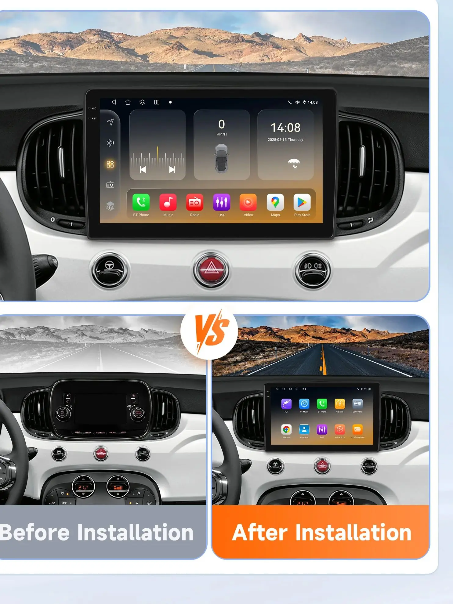 Kabelloses CarPlay Android Auto Autoradio für Fiat 500 2016 2017 2018 2019 GPS Intelligente Systeme Stereo Multimedia Autoradio 4G