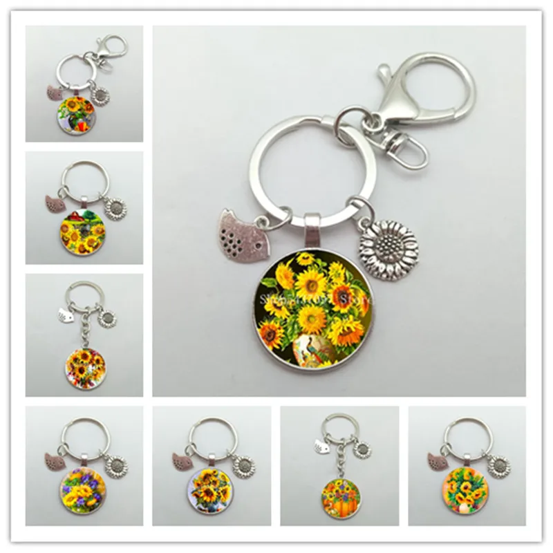 

Hot Sale Sunflower Alloy Glass Convex Keychain Car Keychain Bag Charm Metal Keyring Best Gift for Women, Men