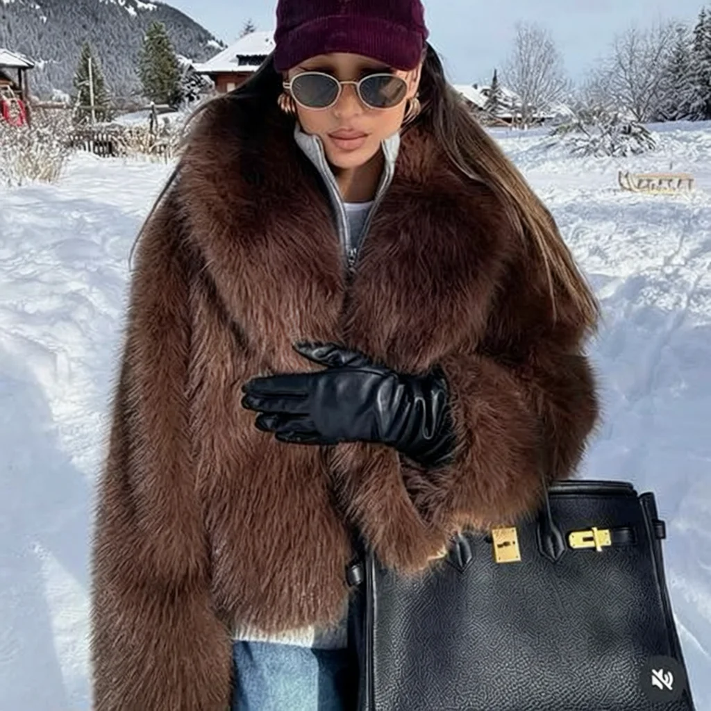 

Fashionable Short Fur Jacket 2026 Simulation Leather Coat Women's Street Style Autumn Winter Plush Coat with Hat Collar