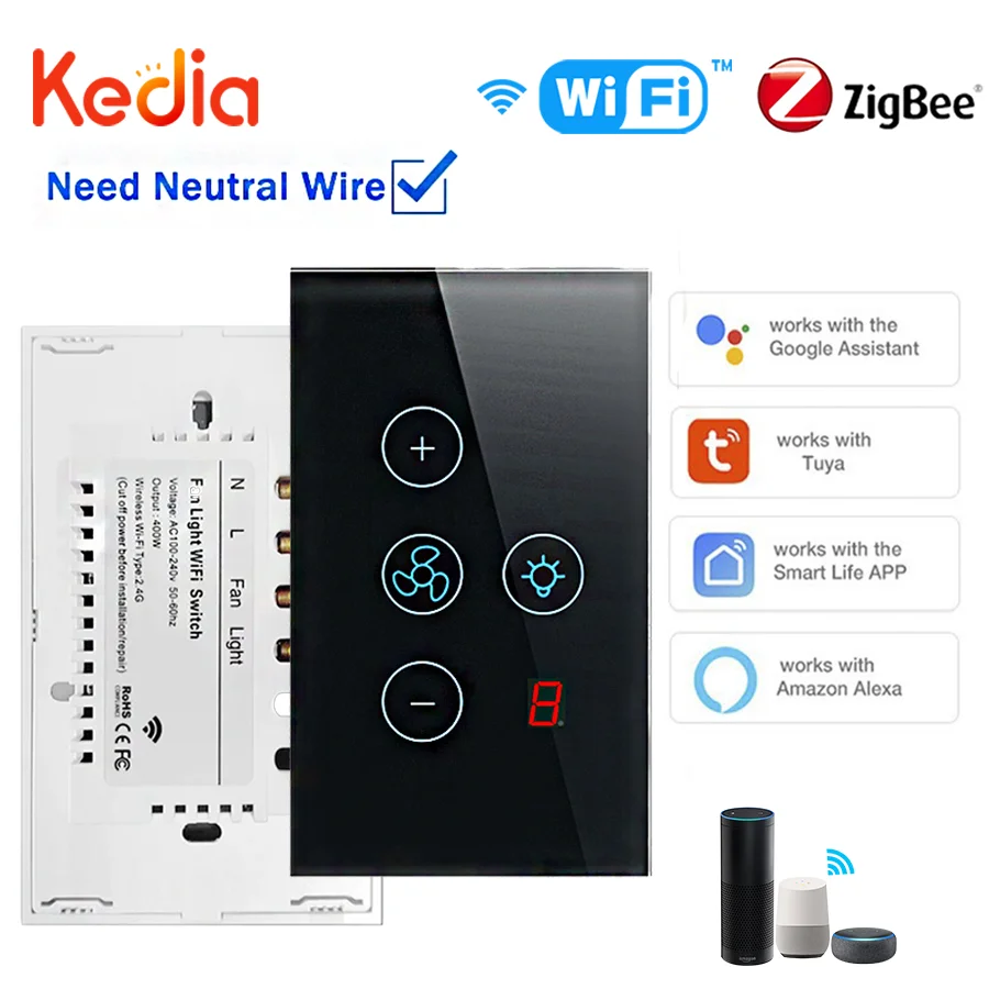 Tuya Zigbee Smart WiFi Fan Light Switch Adjust Five-speed,APP Timing,Voice Control Smart Home Switch work with Alexa Google Home