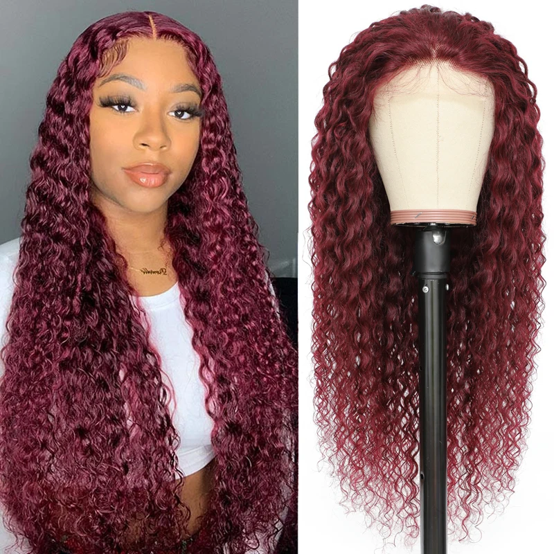 

Kinky Curly Lace Closure Human Hair Wigs 99J Red Colored Lace Front Human Hair Wigs 13X4 PrePlucked Brazilian Remy Hair Wig 150%