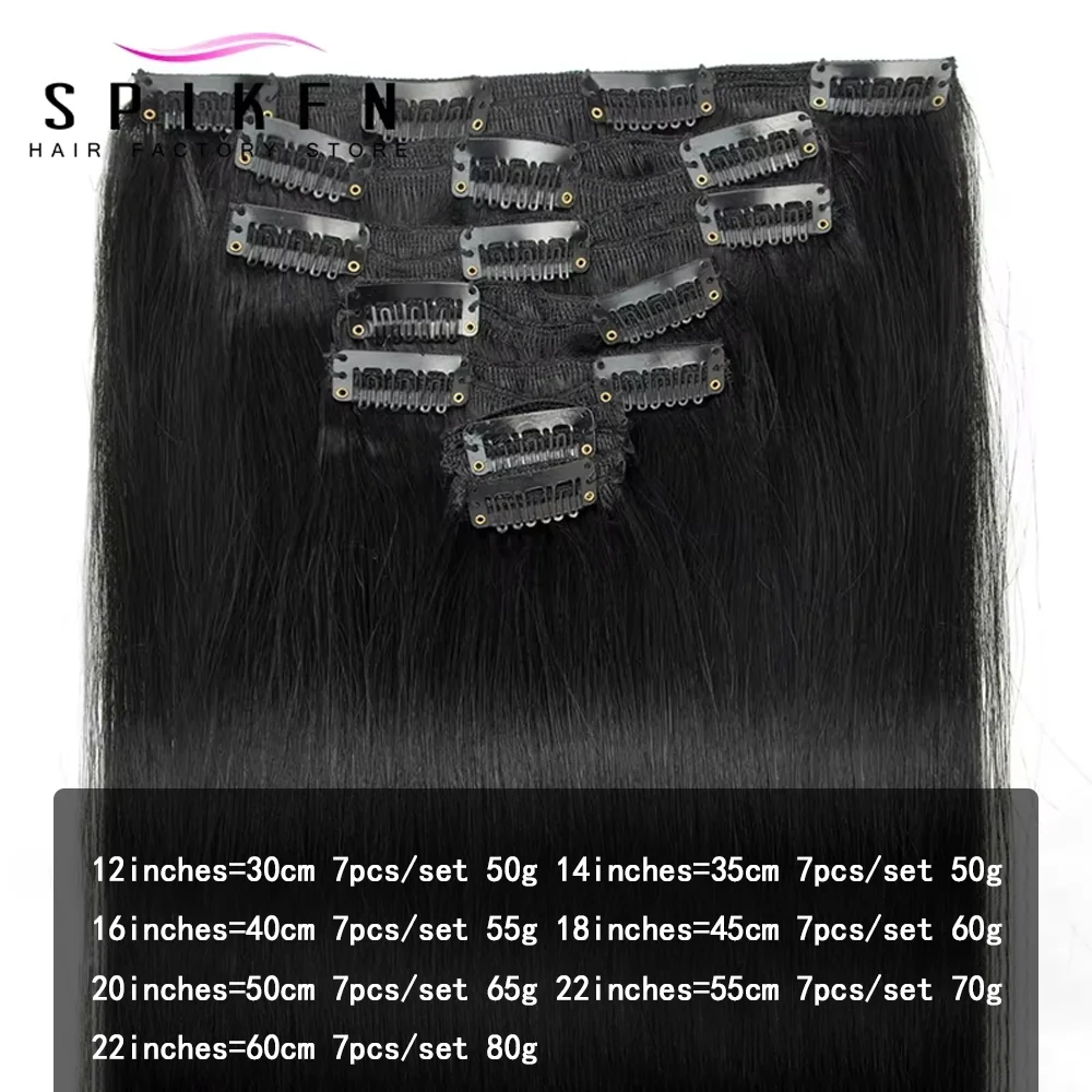 스피크펜 1 #   제트 블랙 클립 100% 인모 천연 헤어 익스텐션 12-24인치 머신 레미 클립 헤어 풀 헤드 7개/세트