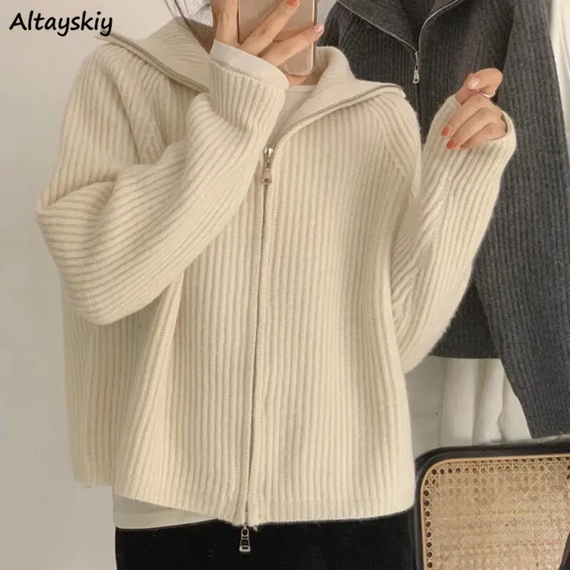 Cardigans Women Baggy 6 Colors Ulzzang Solid Zip Simple Designed Students Sweet Warm Knitted Harajuku Lapel BF Popular All-match