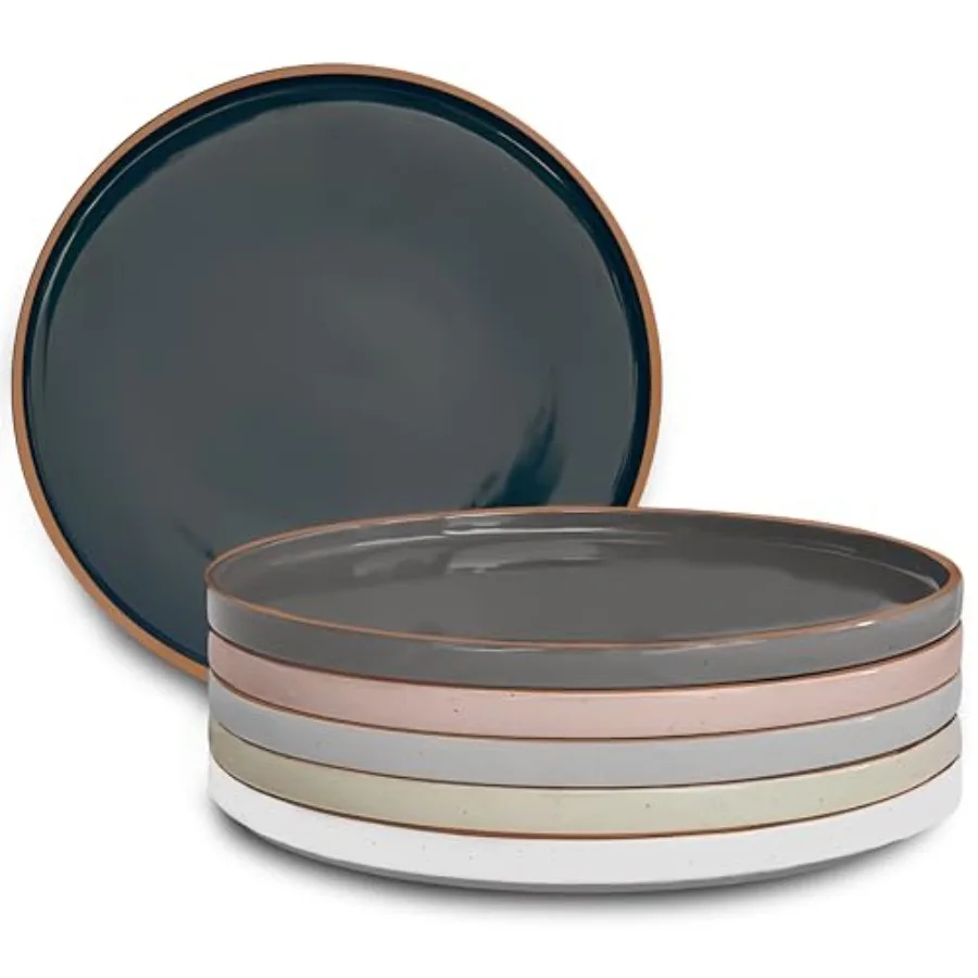 Ceramic Flat Dinner Plates Set of 6, 10.5 in High Edge Dish Set - Microwave, Oven, and Dishwasher Safe, Scratch Resistant, Mode