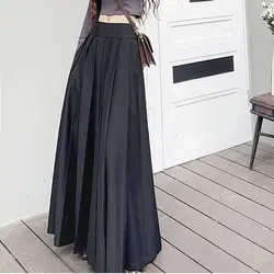 A Pleated Skirt with a Large Hem Black American Cool and Stylish Retro Low Waisted Casual and Slim and Ankle Length Skirt