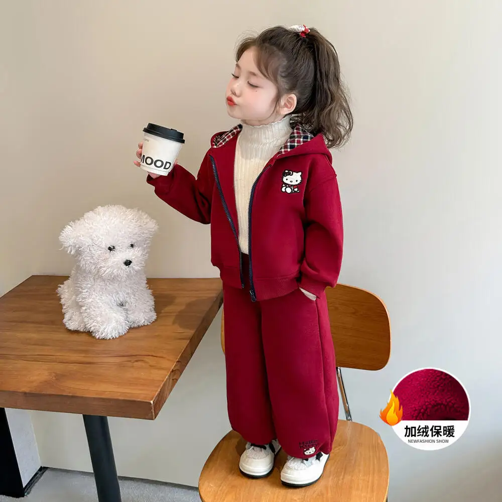 

Sanrio Hello Kitty Girls Winter Plus Velvet Two-Piece Set Girls Campus Sports Children's Clothing Set Casual Thick Warm Hooded