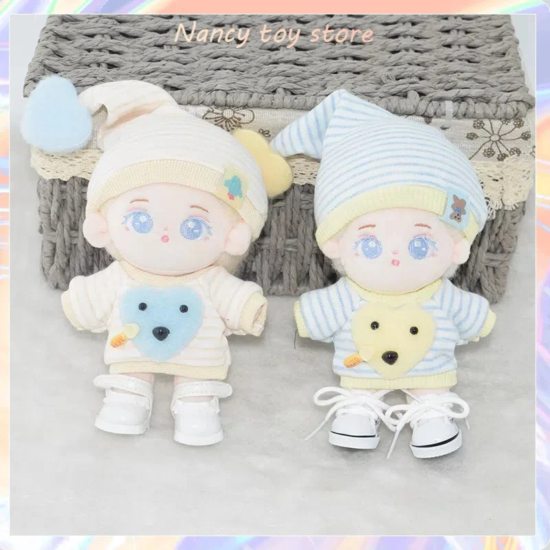 10cm 미니 V1 V2 코튼 인형 Labubu 의류 모자 바지 줄무늬 Goodnight 세트 시리즈 귀여운 동물 정장 멜빵 액세서리