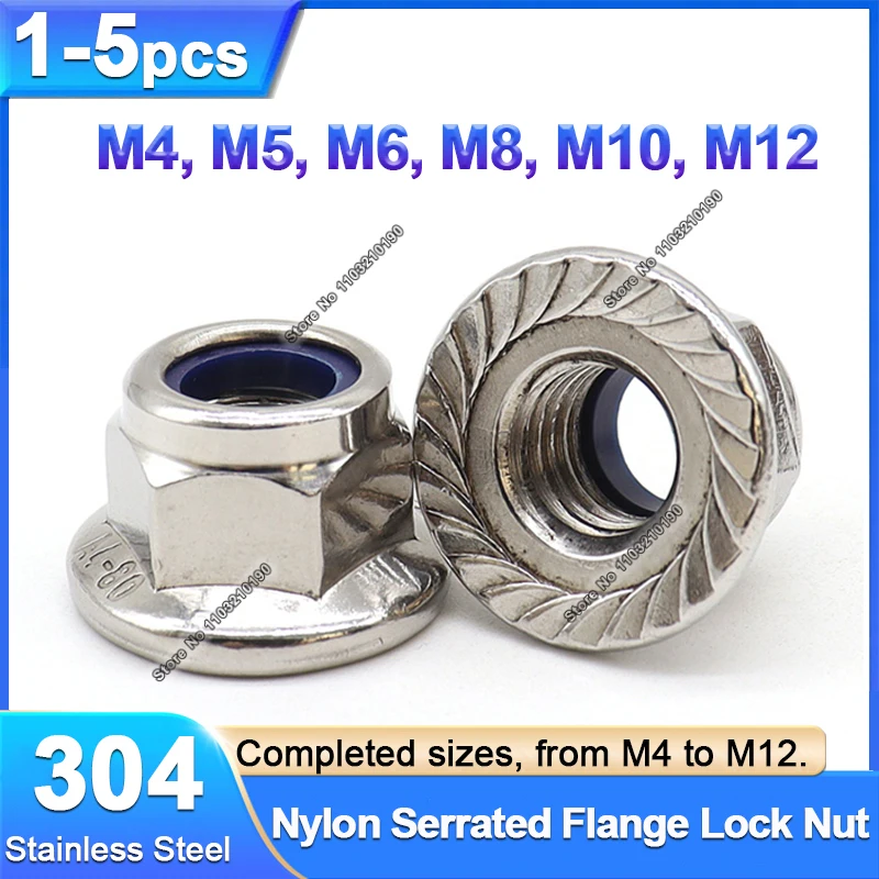 1/3/5pcs M4 M5 M6 M8 M10 M12 304 Stainless Steel Serrated Flange Nylon Insert Lock Nuts Spinlock Self-locking Nylock Nut Locknut