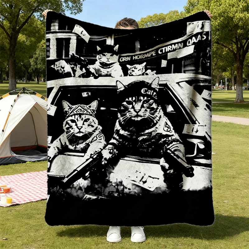 Gangster Cats Flannel Blanket, Vintage Black Cat Flannel Blanket, Retro Streetwear Shirts, Funny Cat Flannel Blanket