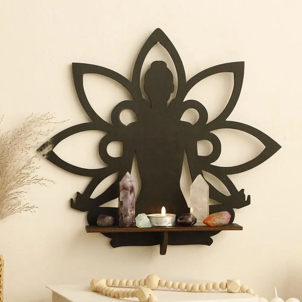 Wall Art Lotus Buddha Display Shelf Handmade Black Hollow Buddha Display Stand Wooden Craft Crystal Storage Holder Home Decor