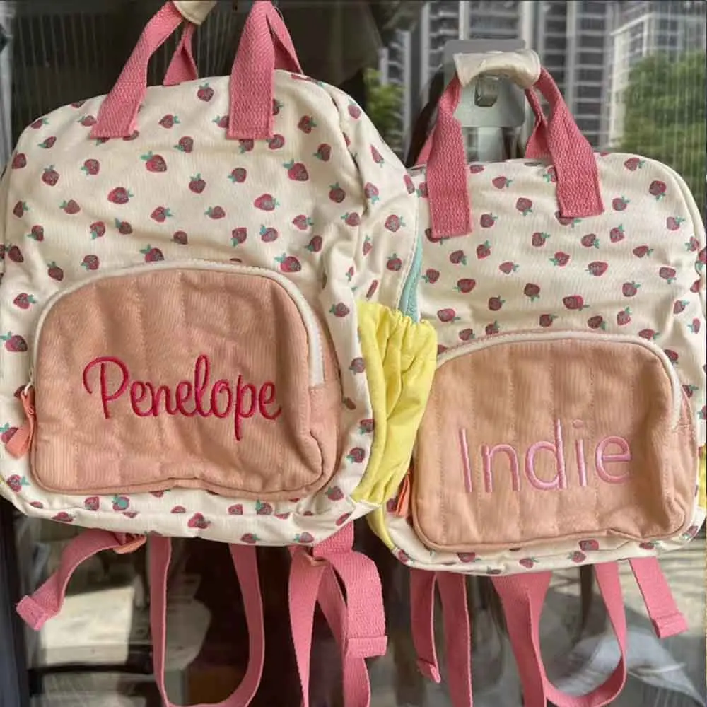 Ladies corduroy backpack personalized name large capacity strawberry travel bag custom girls school bag with embroidered name