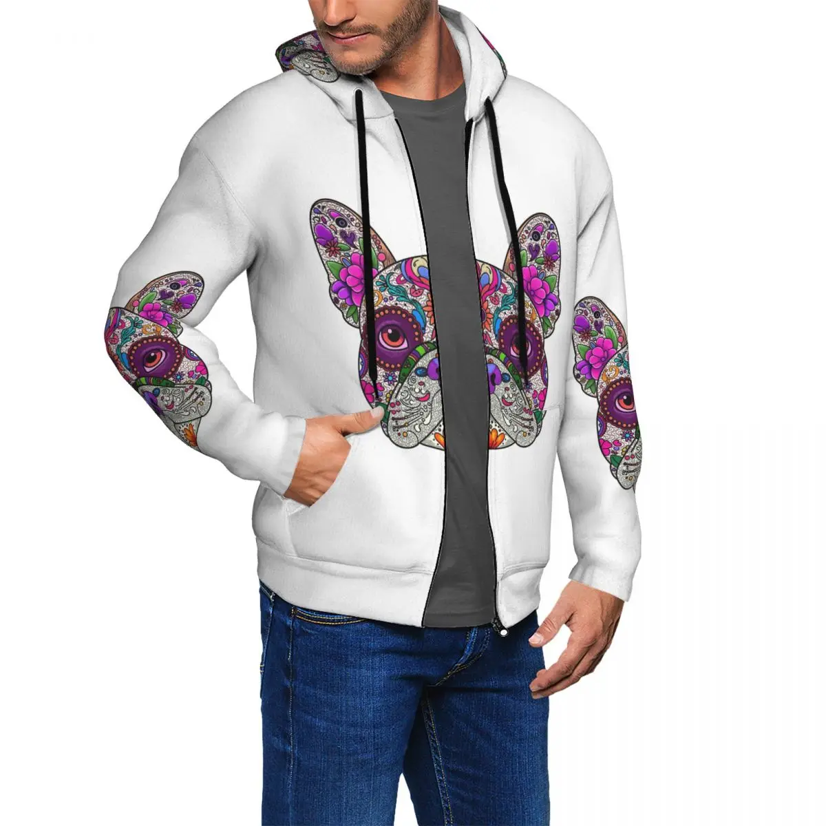 Mexican Day Of The Dead Dog Frenchie Zipper Hoodies Harajuku Pullover Autumn Winter Men Women Sweatshirt Long Sleeve Tops