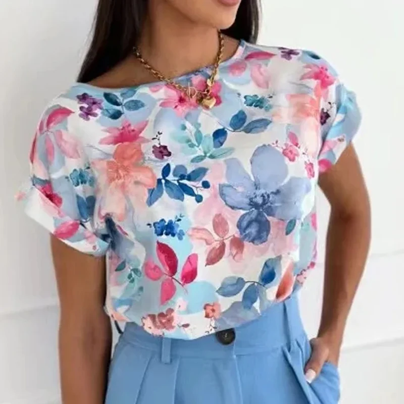 

Women's Short Sleeve Printed Blouse, O-Neck Casual Tops, Vintage Floral Loose Shirt, Ladies, Summer, 2024 New, 8639