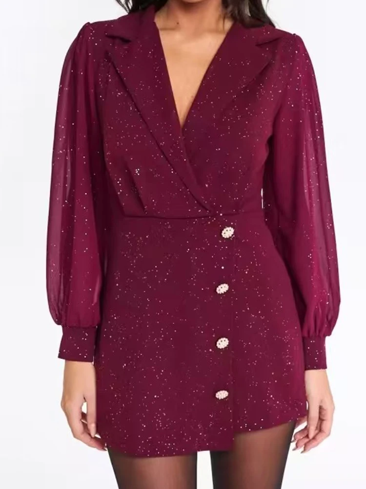 

Elegant Mesh Splicing Short Jumpsuits Fashion Lapel V-neck Button Party Romper Casual Shiny Hight Waist Draped Solid Playsuits