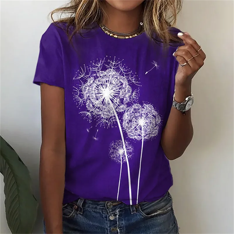 New 3D Printed Dandelion Graphic Women\'s T-shirt Fashionable Minimalist Women Clothing Outdoor Leisure O-neck Short Sleeve Top