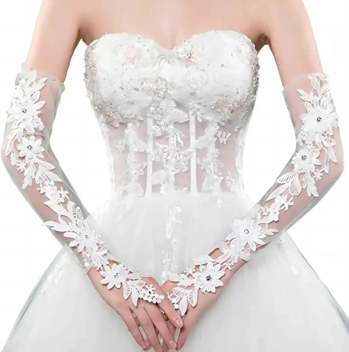 

Женские длинные кружевные перчатки без пальцев до локтя с цветочным узором для невесты