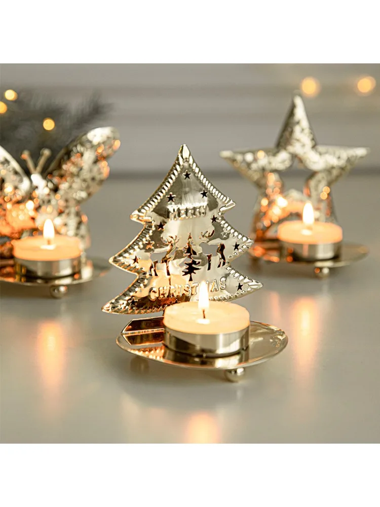 Golden Hollow Christmas Candlestick European Style Iron Candle Holder Bedroom Living Room Table Decoration Party Festival Gift