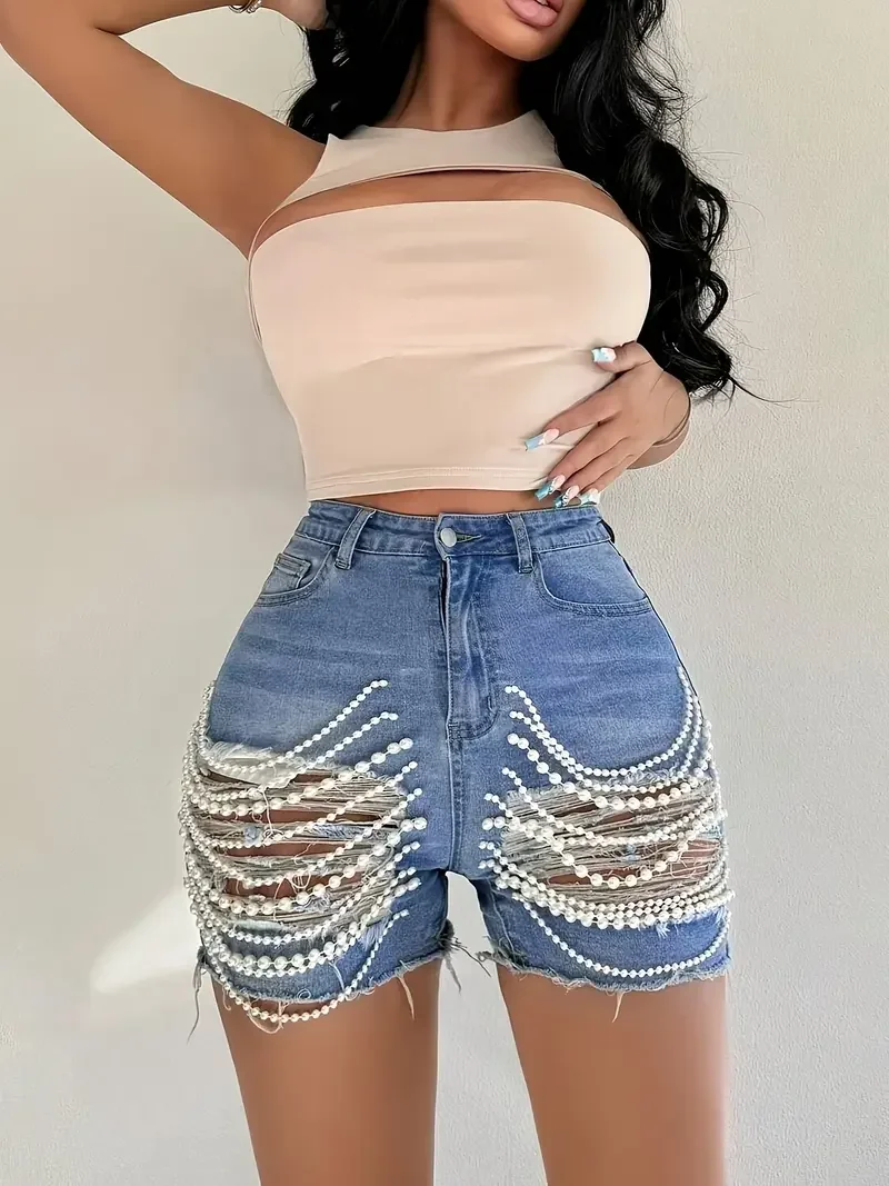 Pop handgefertigte Damen-Shorts mit hoher Taille und Perlen – sexy, zerrissene, lässige Sommer-Streetwear mit Stretch-Passform