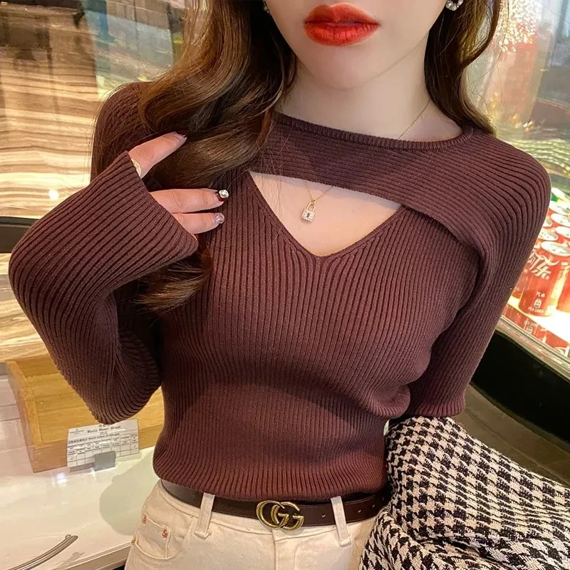 2023 New Women Sweater Long Sleeve Jumper Knitted Bottoming Solid Pullovers Stripe Casual Basic Soft Sweater Winter Clothes Pull