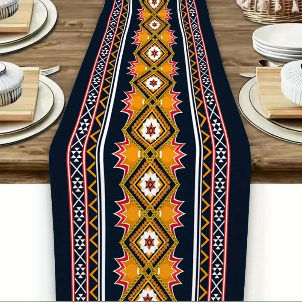 1pc Bohemian Table Runner - Deep Blue & Orange Geometric Pattern, Perfect for Holiday Parties,Festive Table Setting