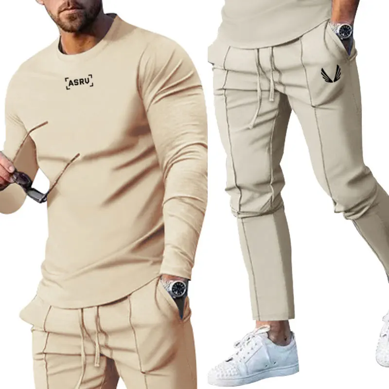 2024New Men\'s Clothing Gym Activewear American Fashion Brand Long Sleeve T-shirt And Pants Two Sets Of Fitness Training Clothing