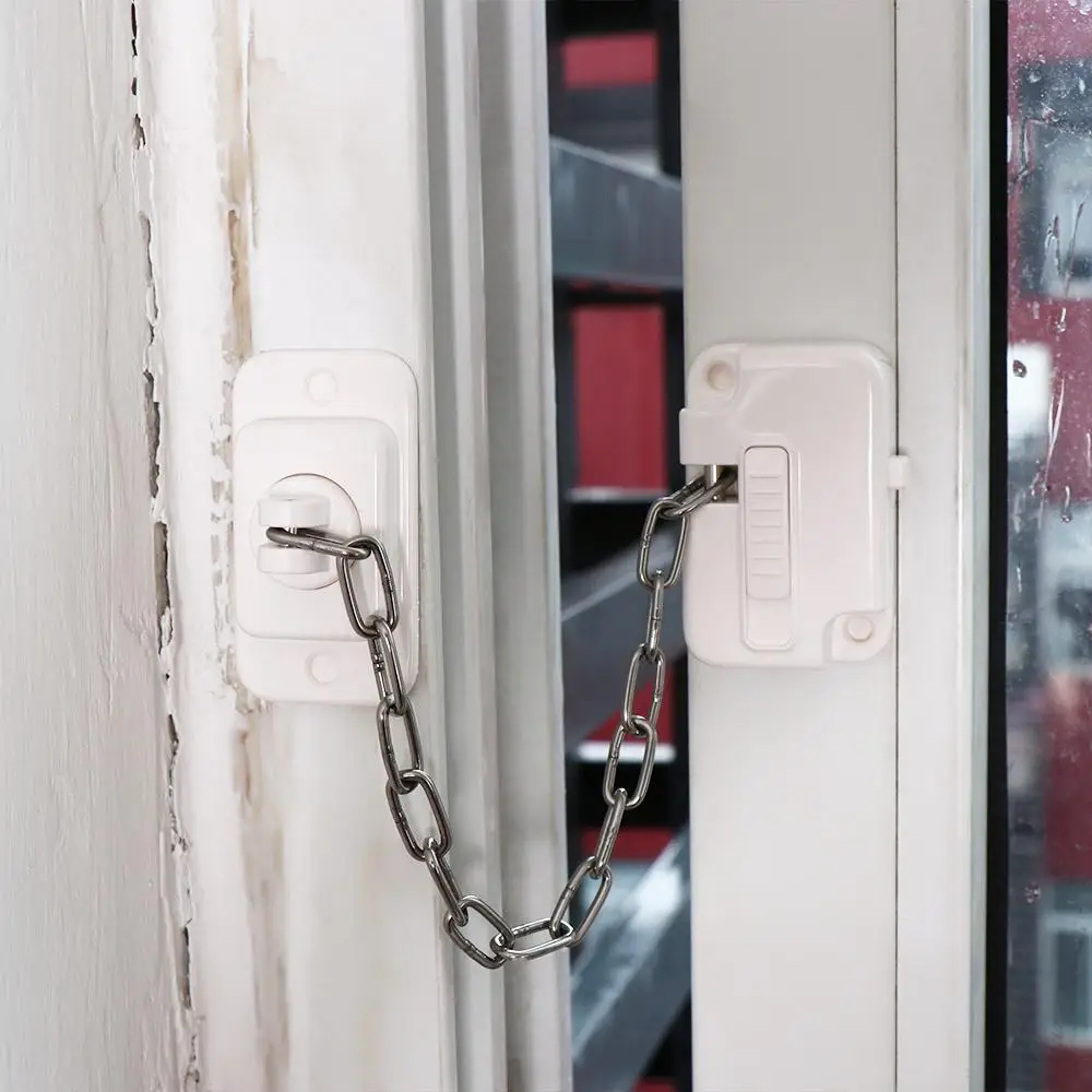 Blocco di sicurezza per finestra regolabile Blocco a catena per telaio per finestra robusto ABS Nessuna perforazione Limitatore per finestra autoadesivo Casa