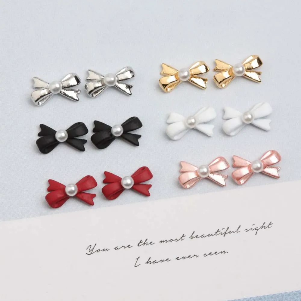 10Pcs Ribbon Pearl Bow Tie Nail Art Charms 3D Alloy 7*11mm Pink White Black Bow Nail Decoration Kawaii DIY Manicure  Accessories