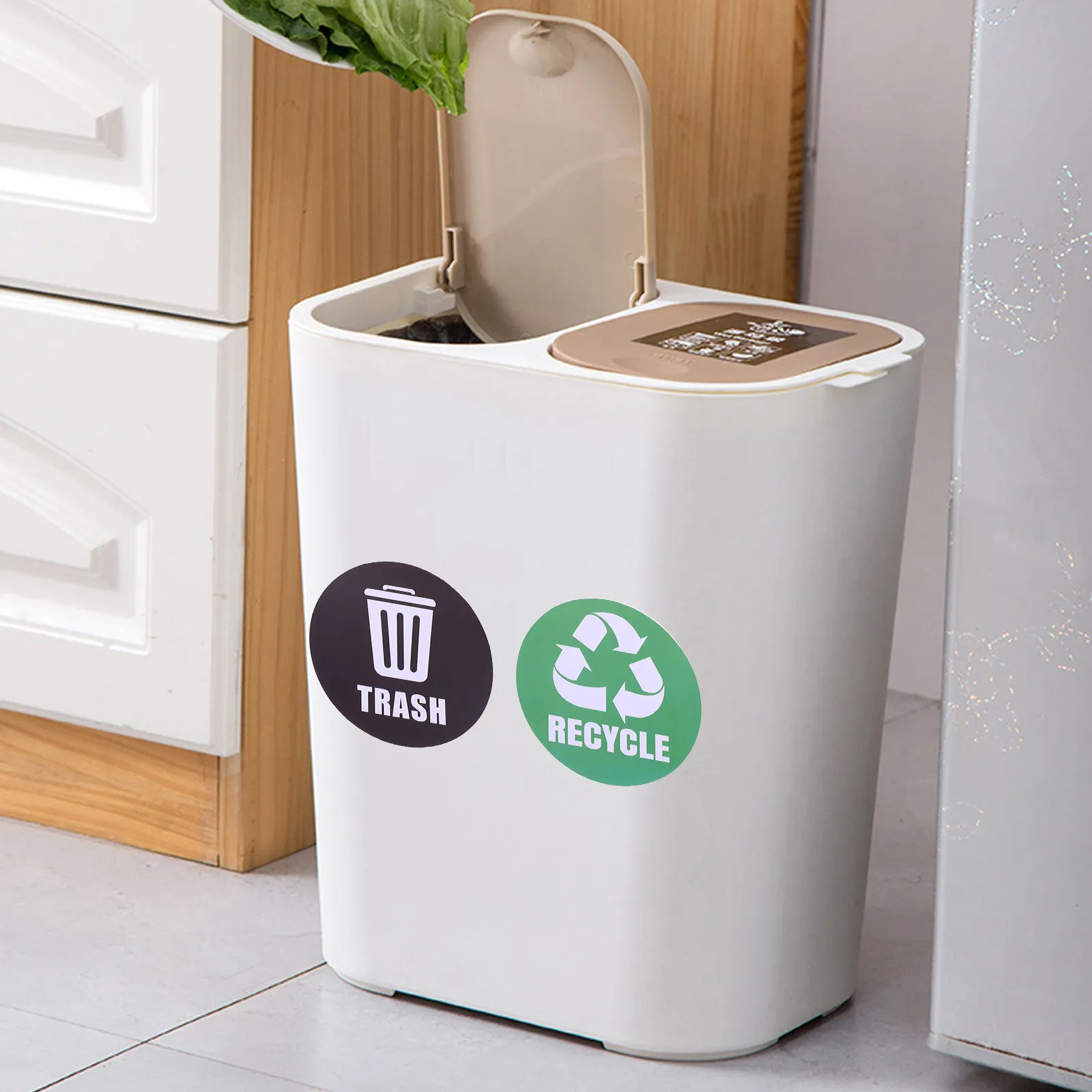 6Pcs Sorting Bin Stickers Heavy Duty Adhesive Garbage Reminder Labels Clear Color Coded for Kitchen Living Room Hotel Studio