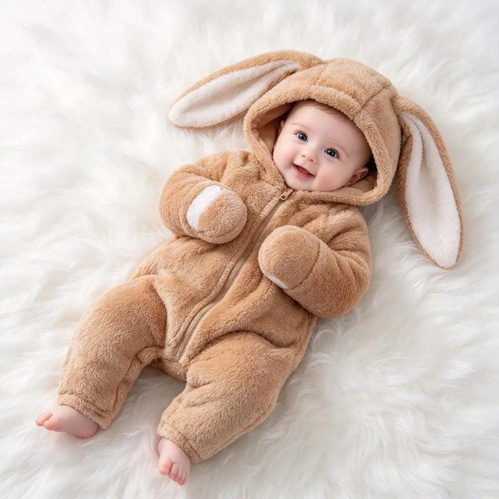 Baby Plush Hooded Jumpsuit 0-18M, Cartoon Panda Bunny Romper, Warm Fleece Onesie, Infant Zipper Bodysuit Photo Prop Outfit