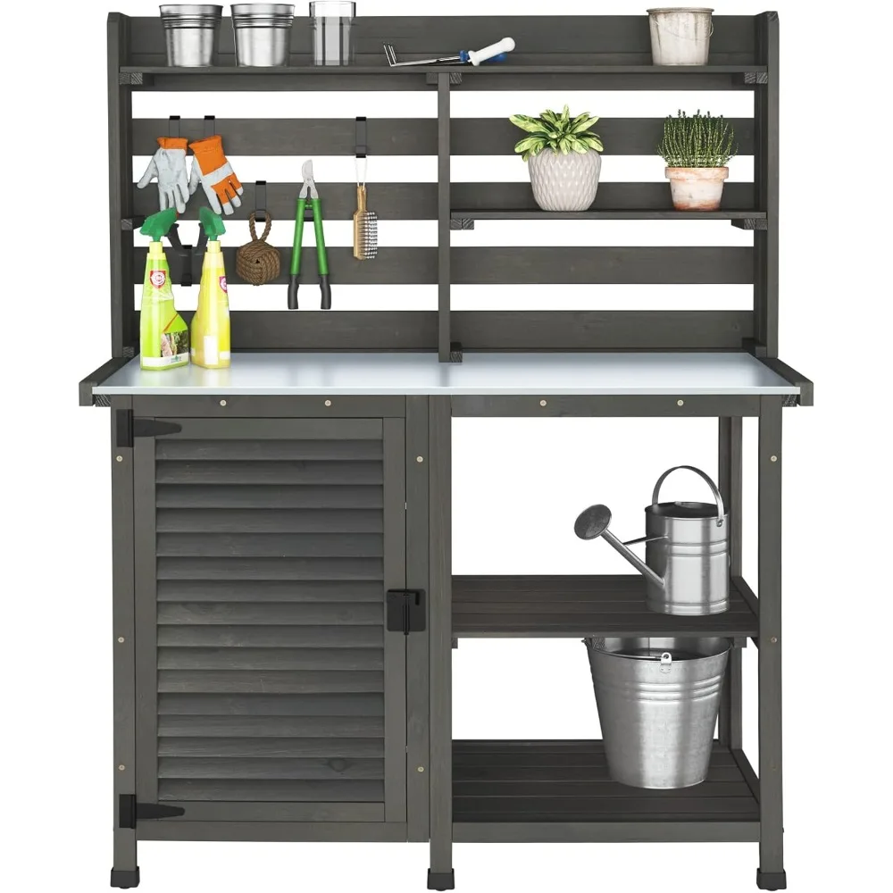 

Potting Bench Table Large Garden Outdoor Work Bench Metal Tabletop Workstation with Storage Cabinet Shelf Dark Grey