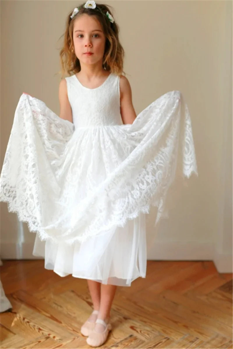 White Sleeveless Tulle Lace Printing Flower Girl Dresses For Wedding Puffy Baby First Communion Dress Kids Dream Surprise Gift