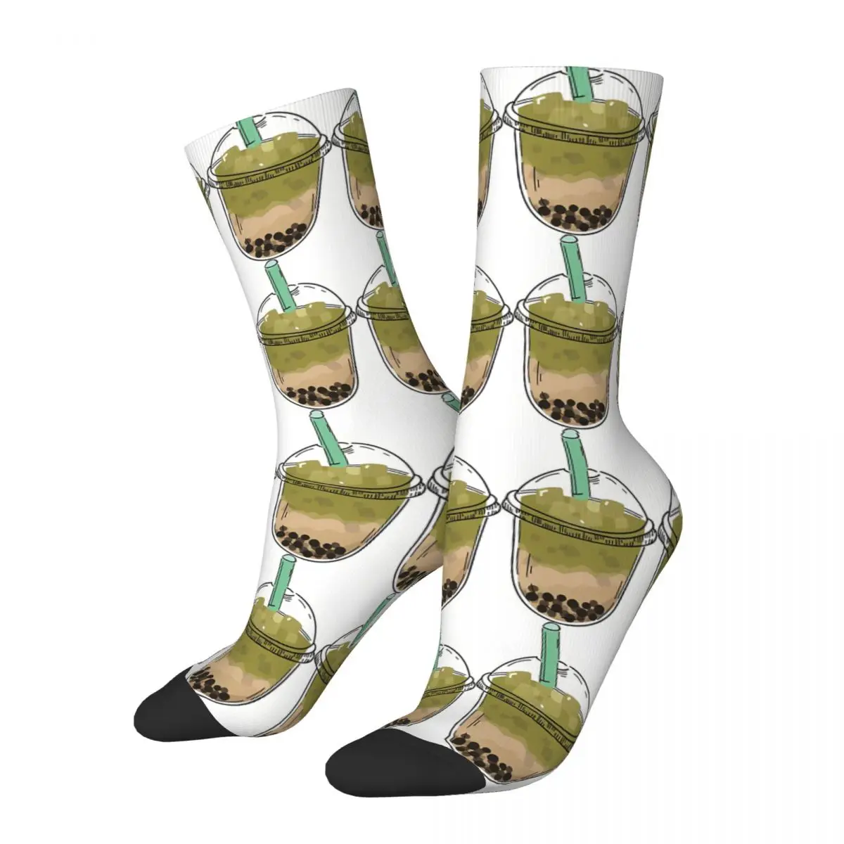 Happy Funny Men's Socks Green Tea Boba And Taro Retro Harajuku Milk Tea Hip Hop Casual Crew Crazy Sock Gift Pattern Printed