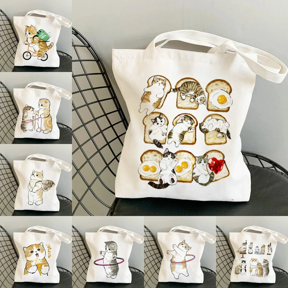 Damenhandtasche mit Cartoon-Katzen-Druck, faltbar, wiederverwendbar, Shopper im Harajuku-Stil, Studenten-Tragetasche, Einkaufstasche aus Segeltuch