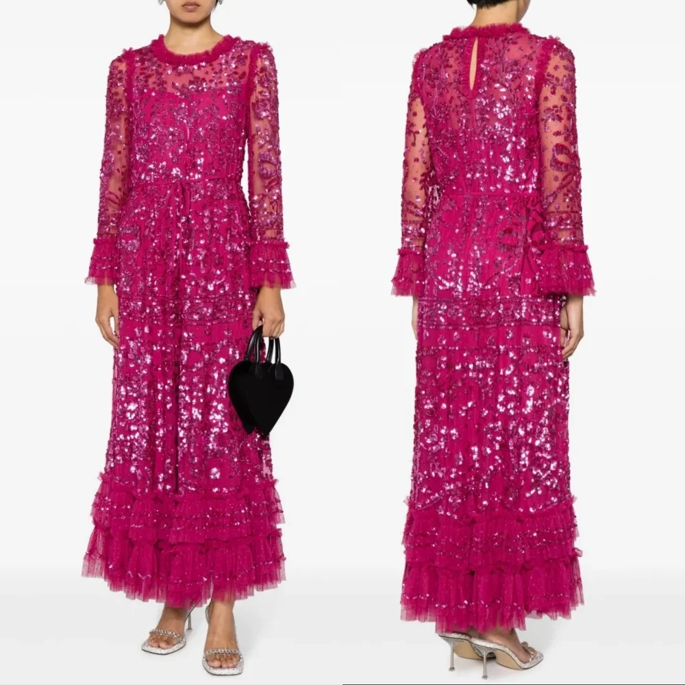 

Customized Net Pleat Sequined O-Neck A-line Midi Dresses Bespoke Occasion Women Luxury Evening Dress Exquisite Party Sparkle