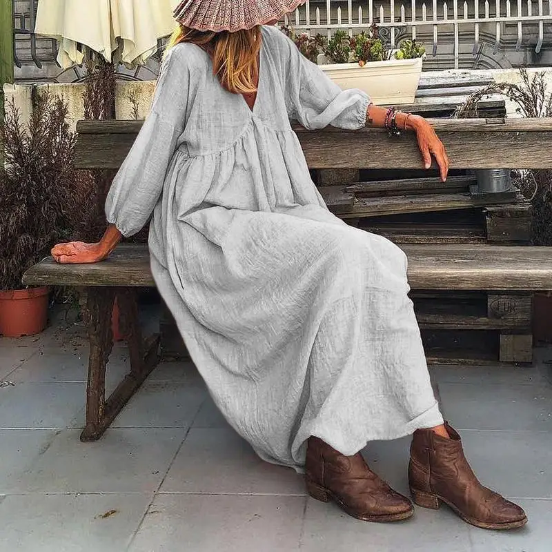 Fashion V-neck loose casual dress solid color vacation style cotton linen long dresses